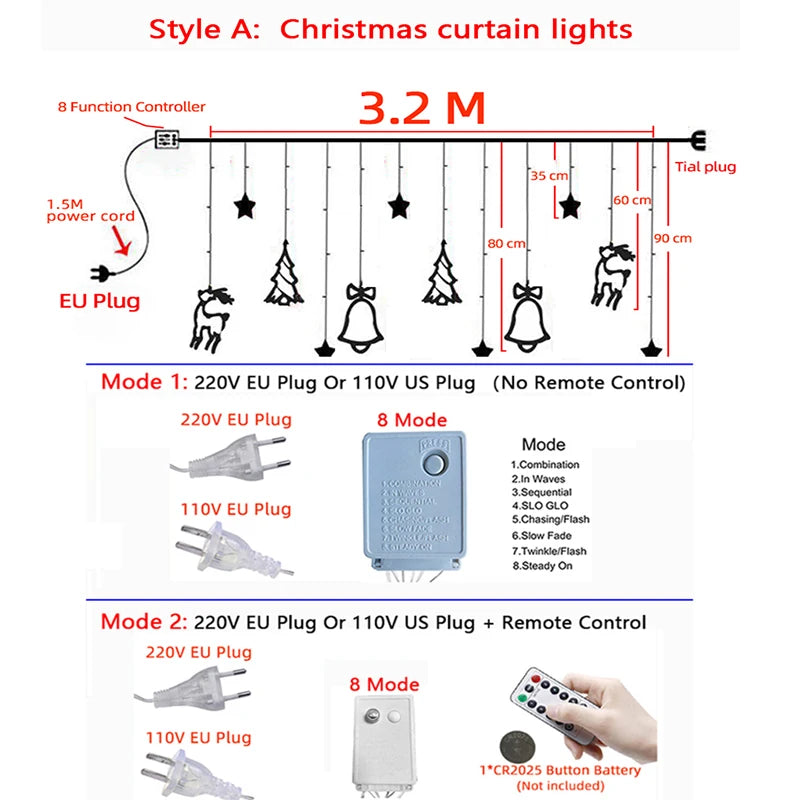 3.2M LED Christmas Curtain String Lights - Stars, Deer & Bells