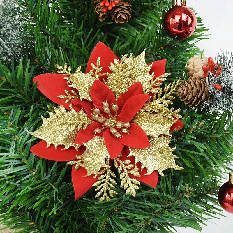 Glitter Red Christmas Flowers - Artificial Xmas Tree Decorations