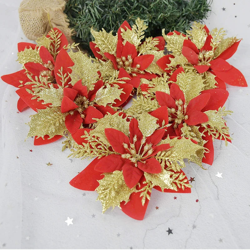 Glitter Red Christmas Flowers - Artificial Xmas Tree Decorations