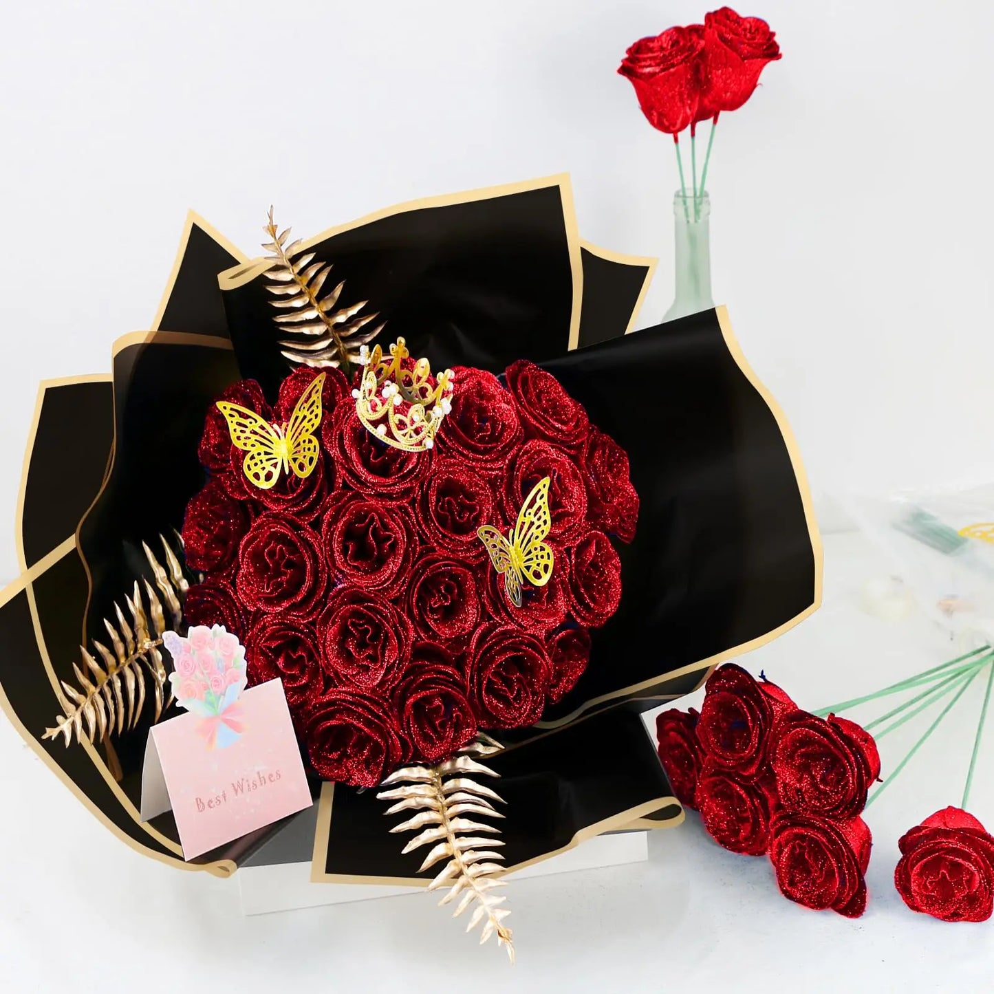 Glitter Eternal Red Rose Bouquet – Forever Silk Roses