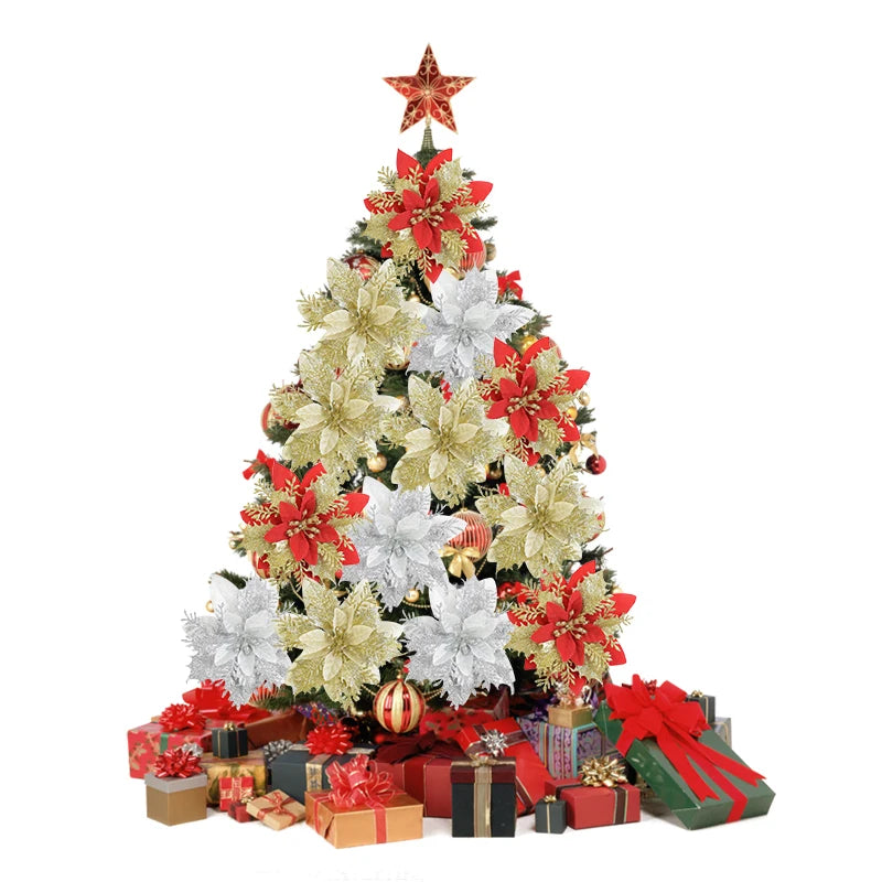 Glitter Red Christmas Flowers - Artificial Xmas Tree Decorations