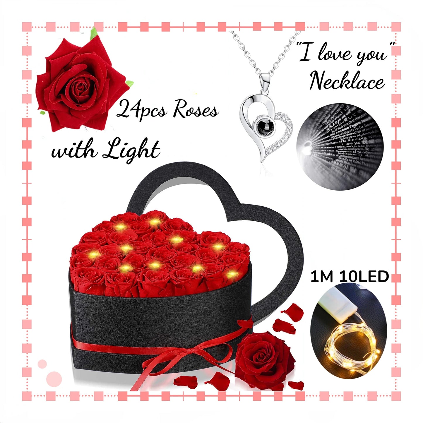 Heart-Shaped Rose Gift Box with Necklace