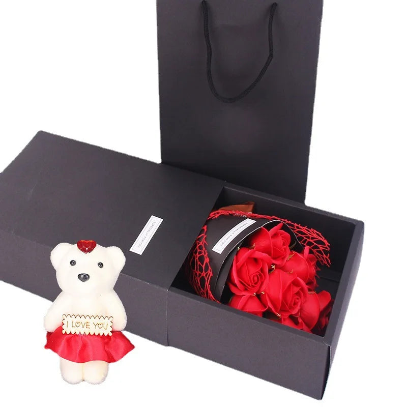 7-Head Rose Soap Bouquet with Little Bear Gift Box