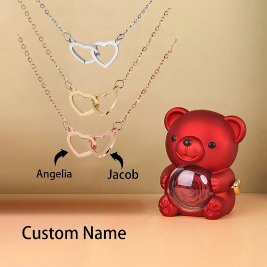 Custom Double Heart Necklace & Rose Bear Gift Box