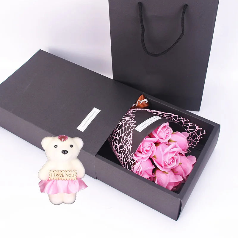 7-Head Rose Soap Bouquet with Little Bear Gift Box