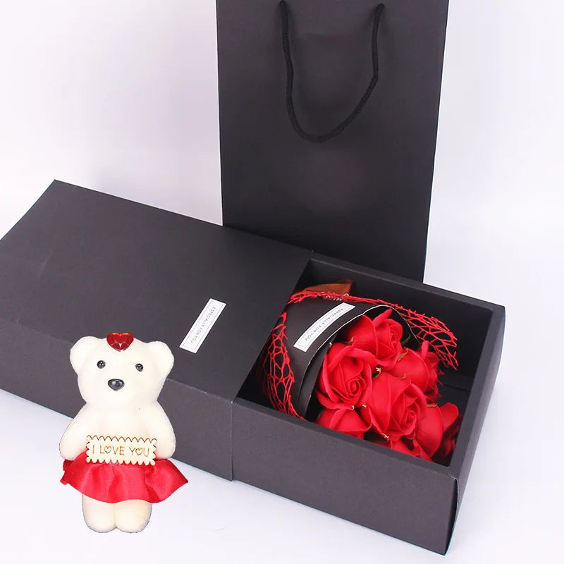 7-Head Rose Soap Bouquet with Little Bear Gift Box