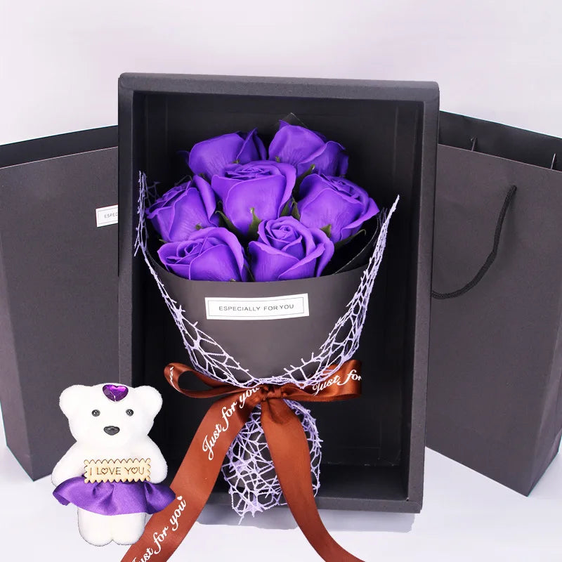 7-Head Rose Soap Bouquet with Little Bear Gift Box