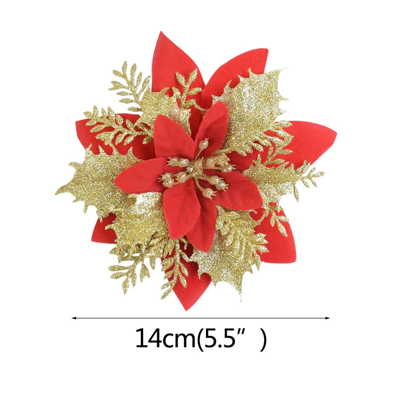 Glitter Red Christmas Flowers - Artificial Xmas Tree Decorations