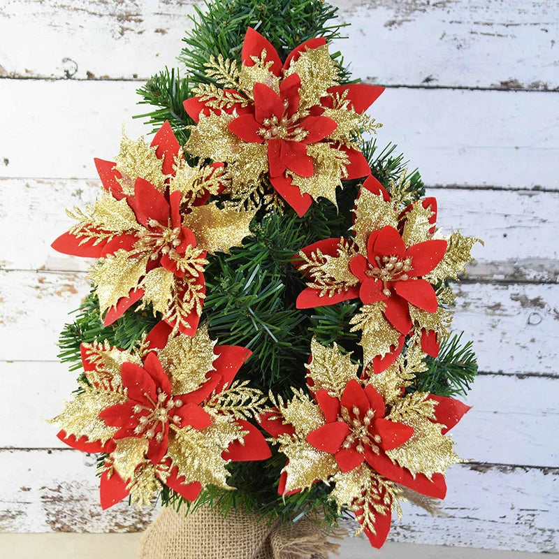 Glitter Red Christmas Flowers - Artificial Xmas Tree Decorations