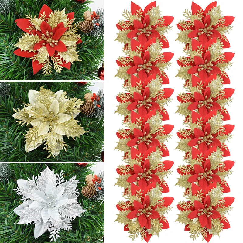 Glitter Red Christmas Flowers - Artificial Xmas Tree Decorations