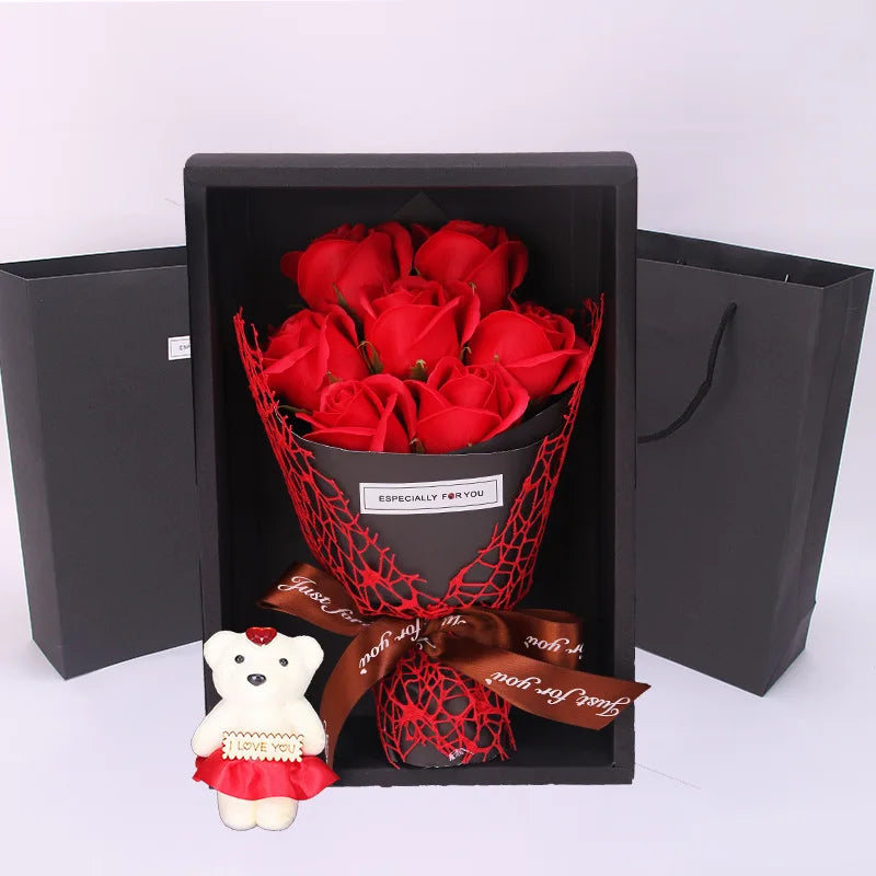 7-Head Rose Soap Bouquet with Little Bear Gift Box