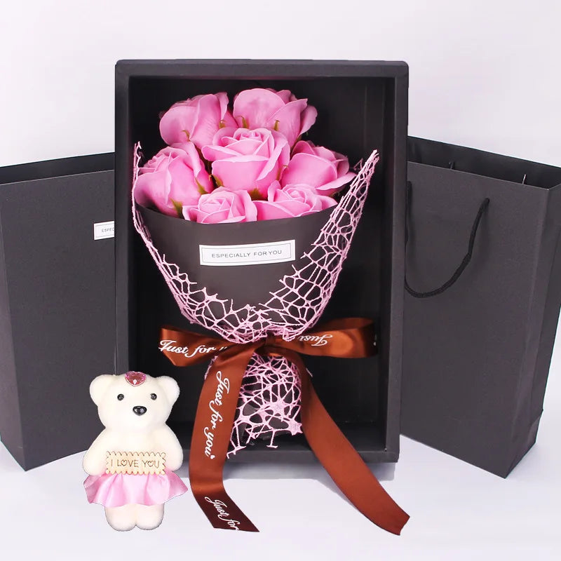 7-Head Rose Soap Bouquet with Little Bear Gift Box