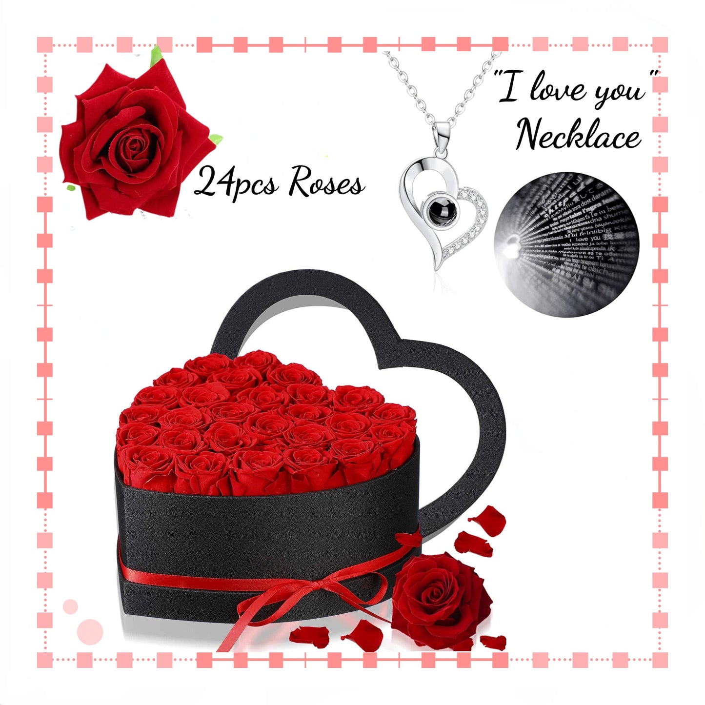 Heart-Shaped Rose Gift Box with Necklace