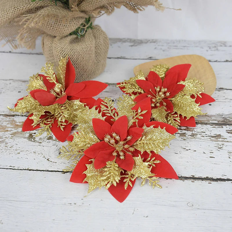 Glitter Red Christmas Flowers - Artificial Xmas Tree Decorations