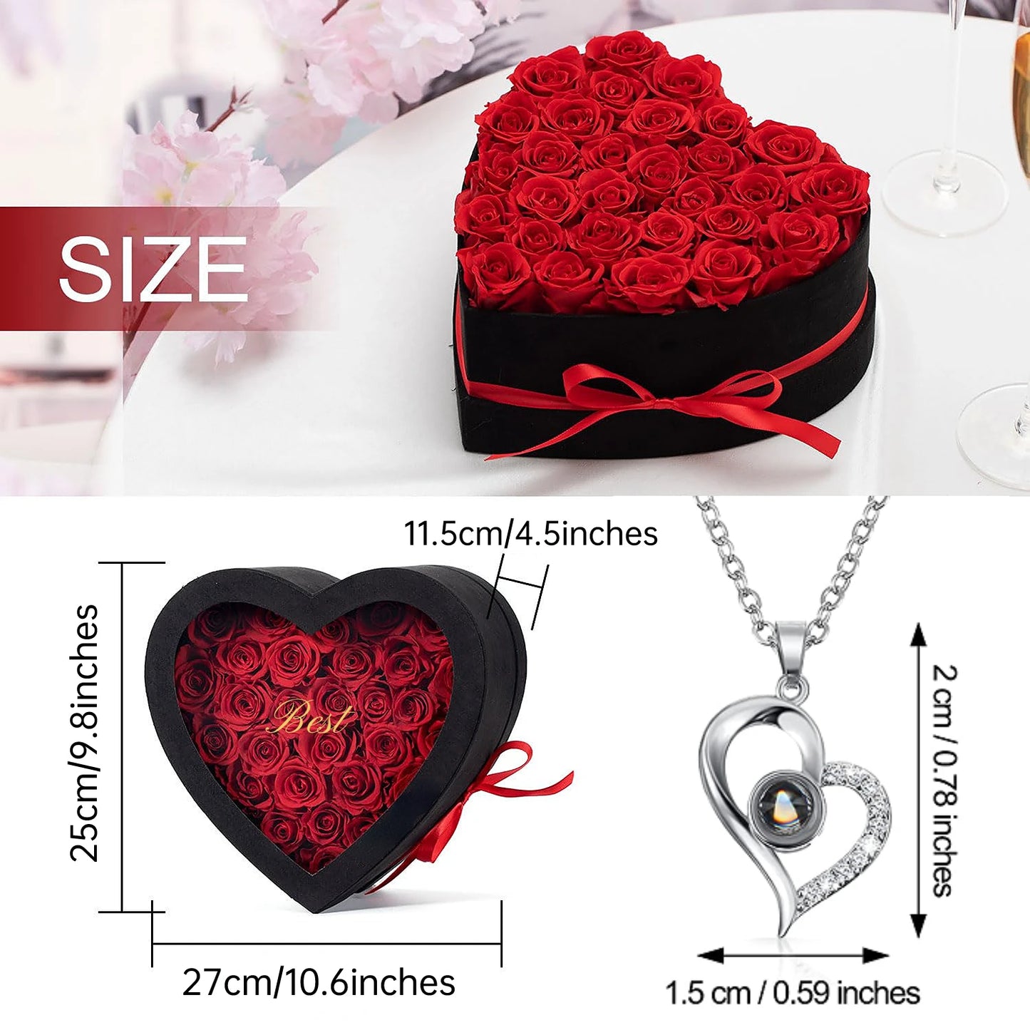 Heart-Shaped Rose Gift Box with Necklace