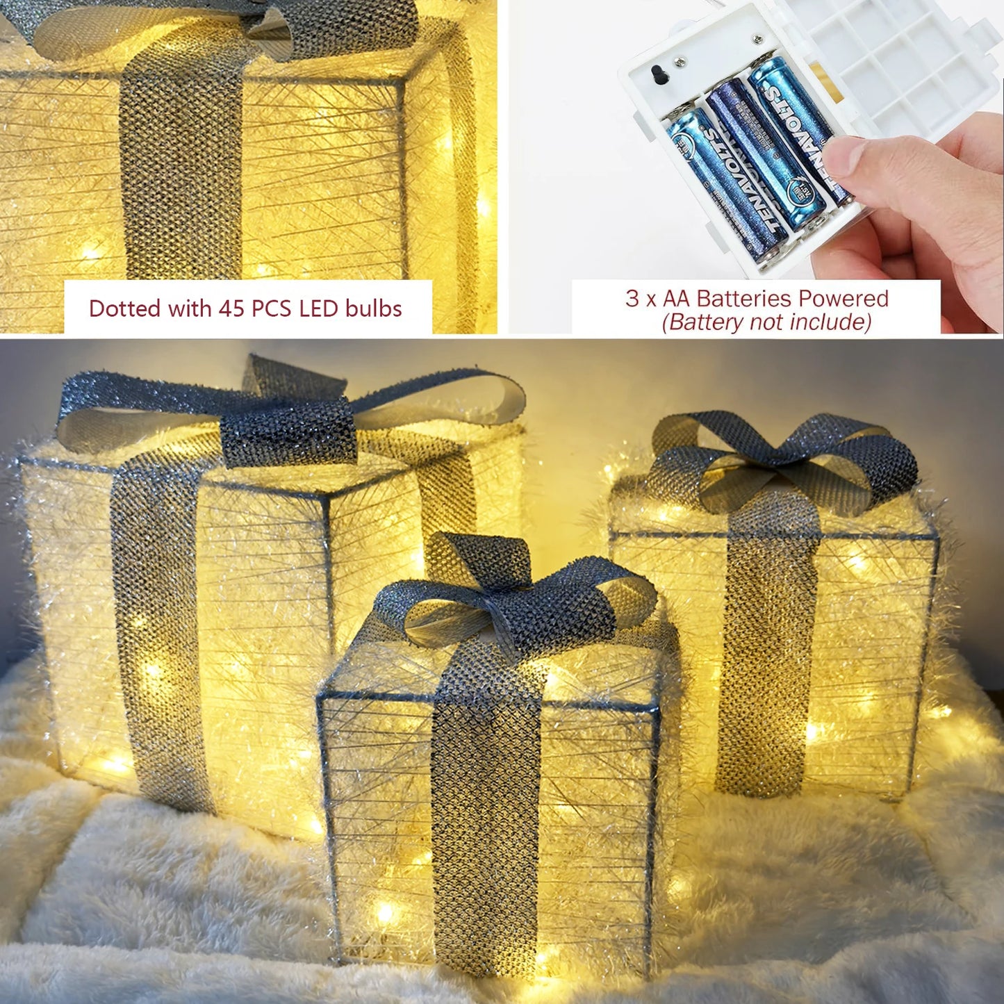 Set of 3 Lighted Christmas Gift Boxes - LED Decorations