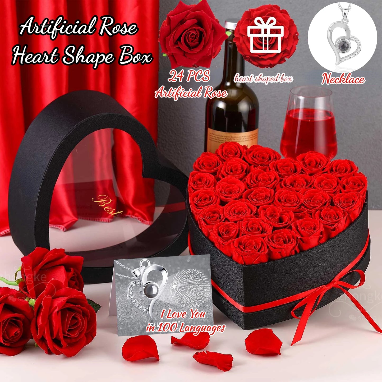 Heart-Shaped Rose Gift Box with Necklace