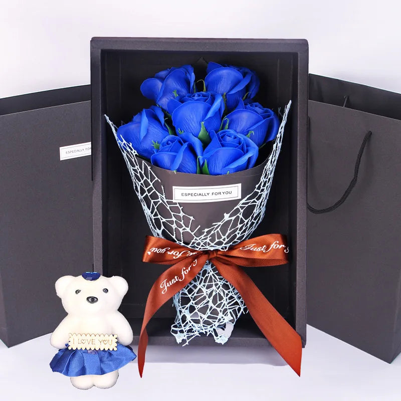 7-Head Rose Soap Bouquet with Little Bear Gift Box