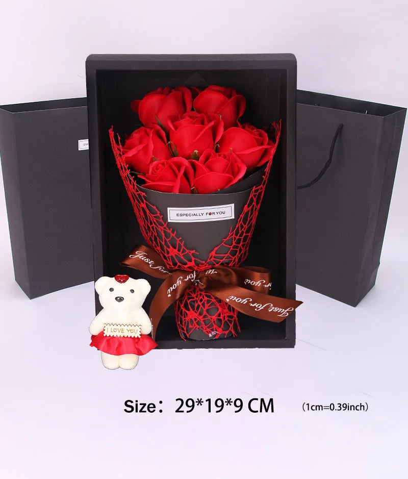 7-Head Rose Soap Bouquet with Little Bear Gift Box