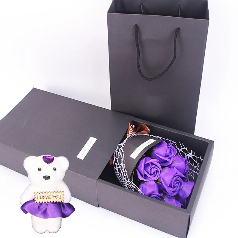 7-Head Rose Soap Bouquet with Little Bear Gift Box